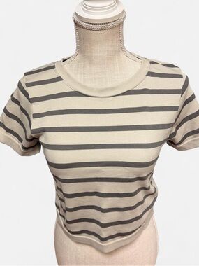 Striped Crewneck Crop Top - Cream & Gray